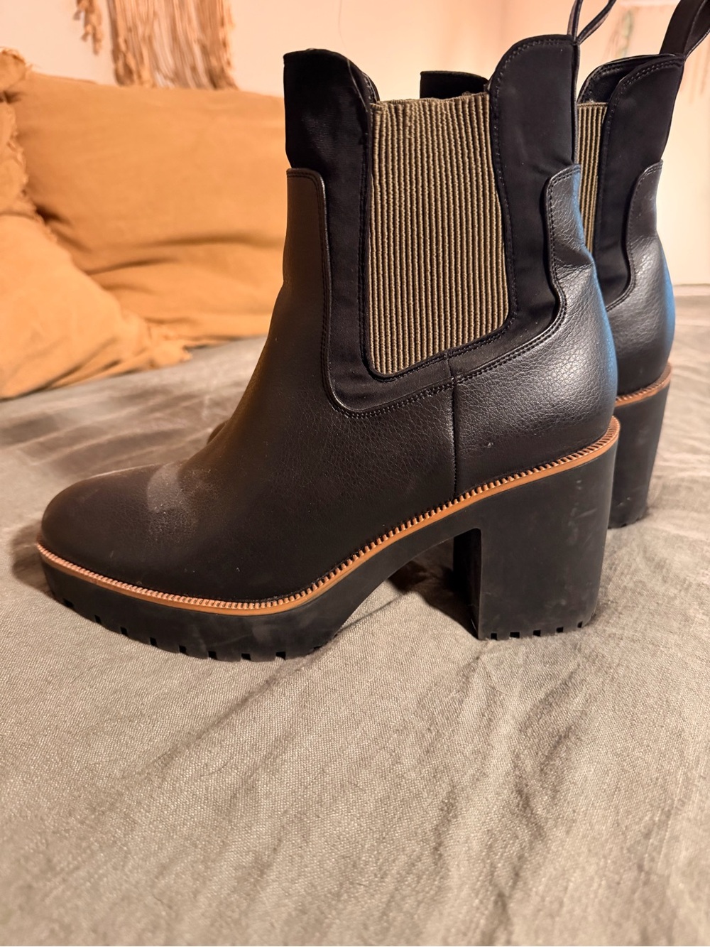 Chinese Laundry Lug Heel Boots with Brown Trim